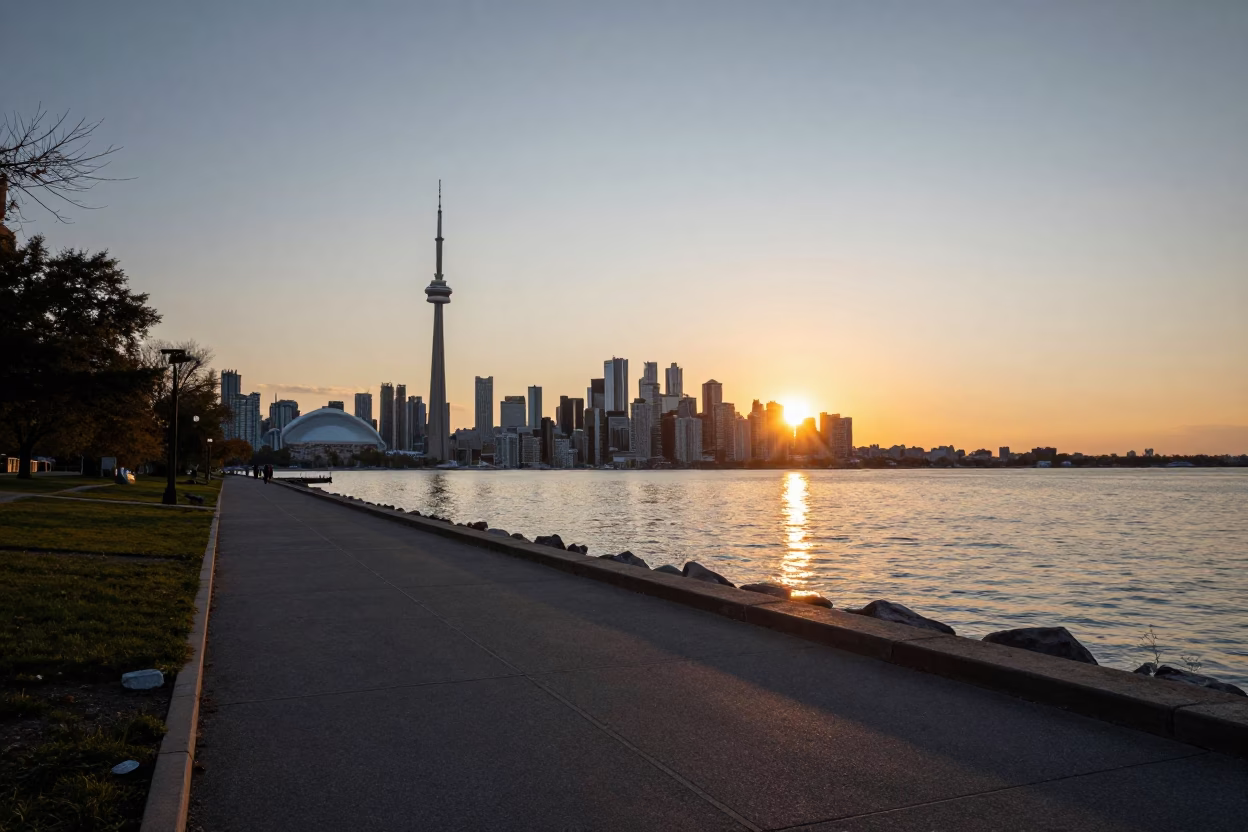 Toronto City Skyline at Sunset with Lake Ontario Horizon and Urban Street Details in in Toronto, Ontario, Canada
