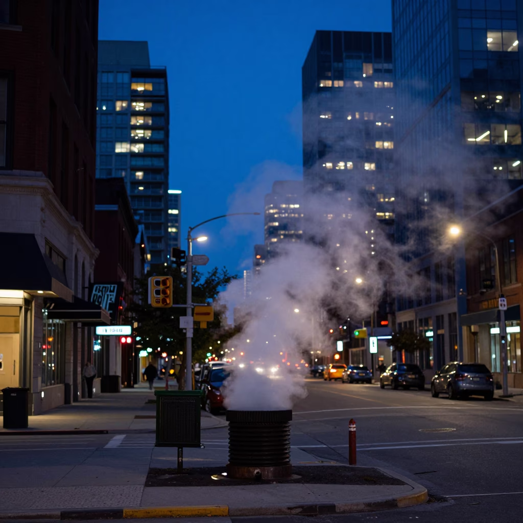 Toronto City Twilight Scene with Steam Haze and Urban Details in in Toronto, Ontario, Canada