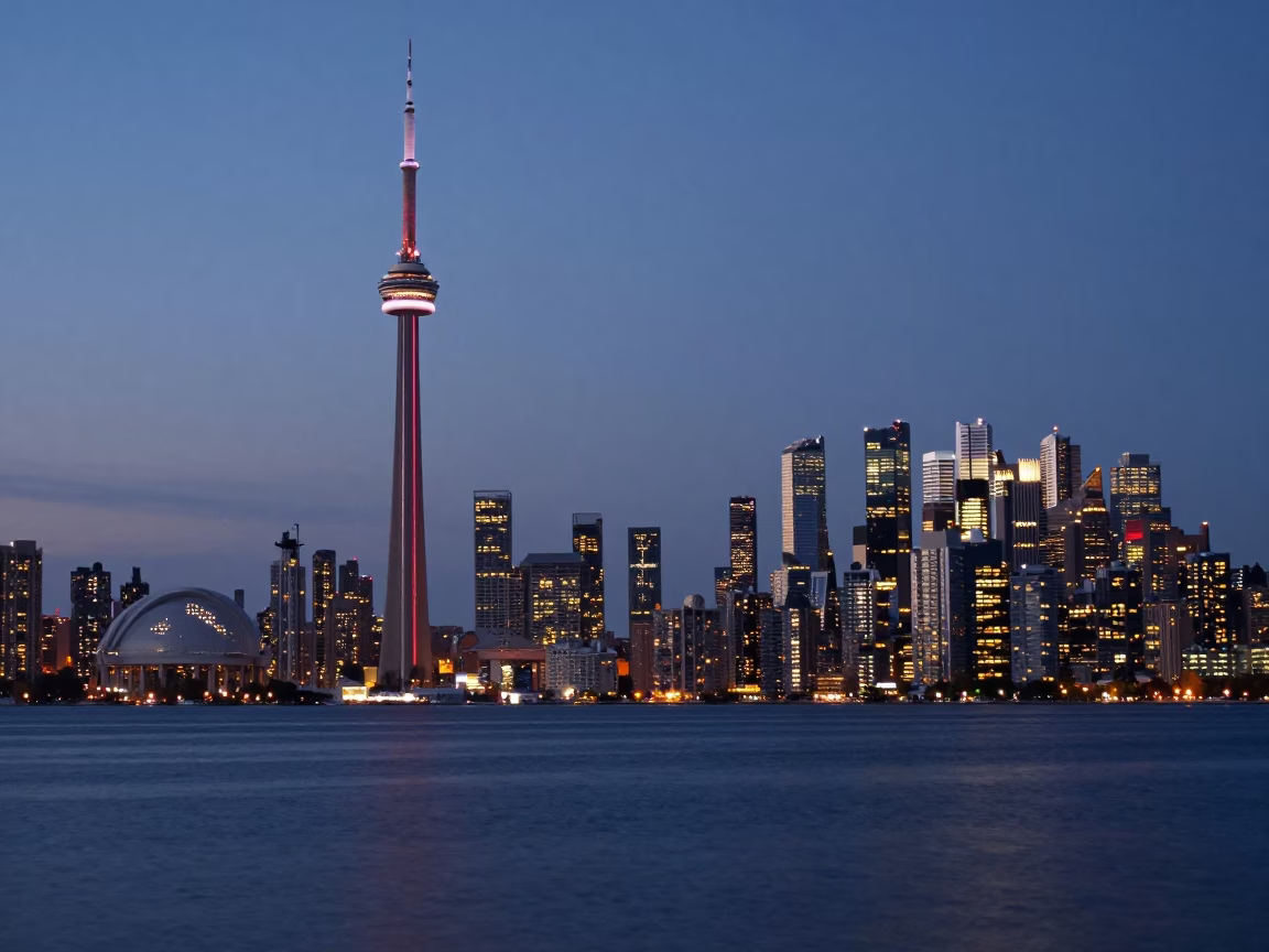 Toronto CN Tower and Lake Ontario Skyline at Dusk with Red Maintenance Railings in in Toronto, Ontario, Canada