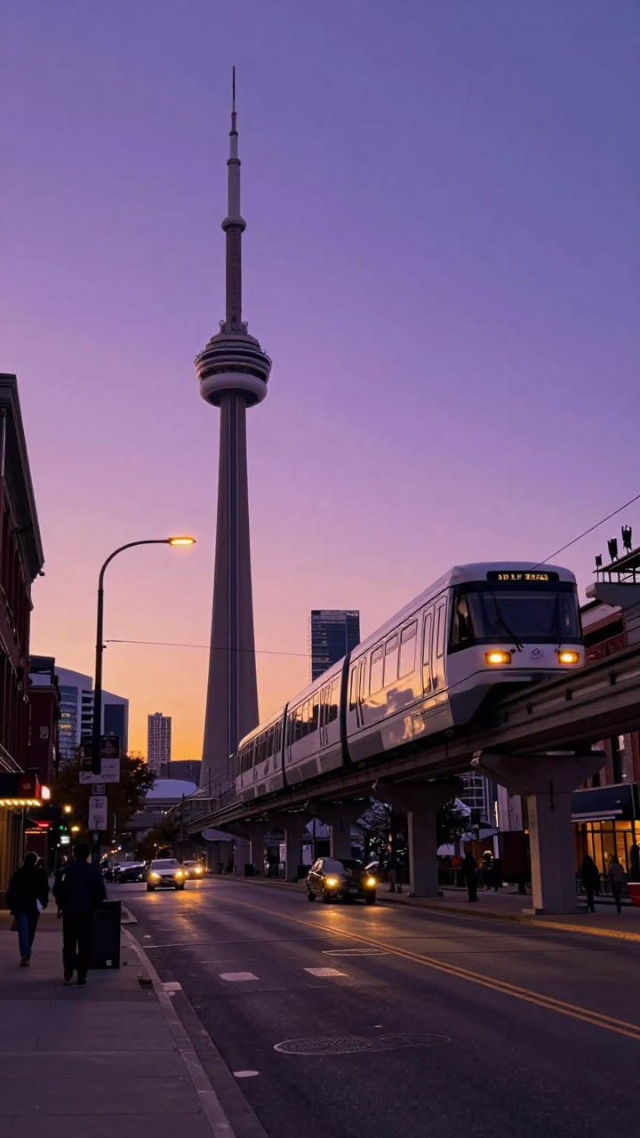 Toronto CN Tower Dusk Street Scene with Monorail and Condensation in in Toronto, Ontario, Canada
