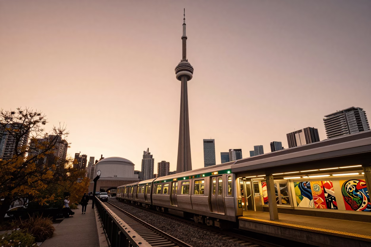 Toronto CN Tower View at Dusk with Metro Train and Urban Reflections in in Toronto, Ontario, Canada