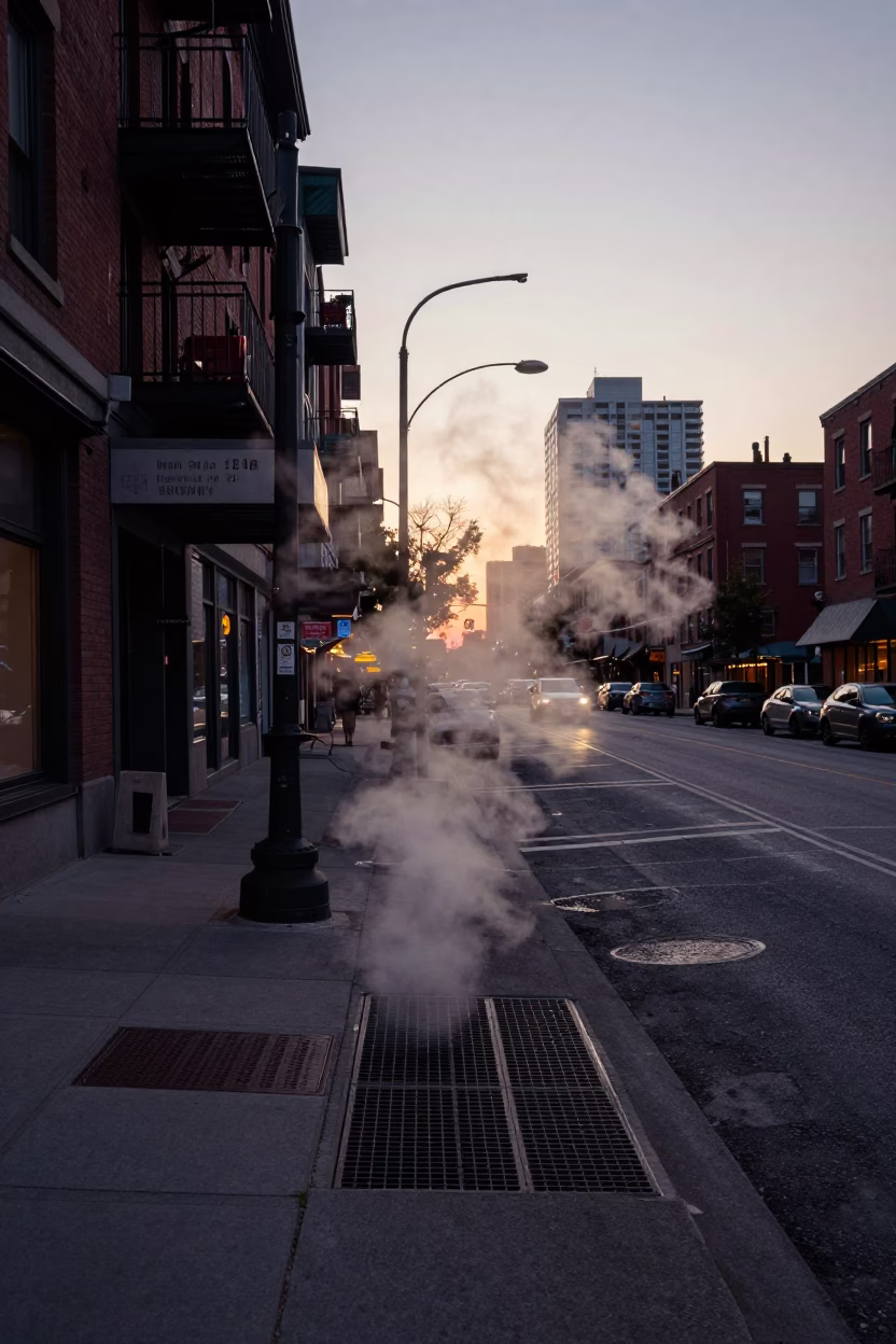 Toronto Dawn Street Scene with Steam Vent and Urban Commuters at First Light in in Toronto, Ontario, Canada