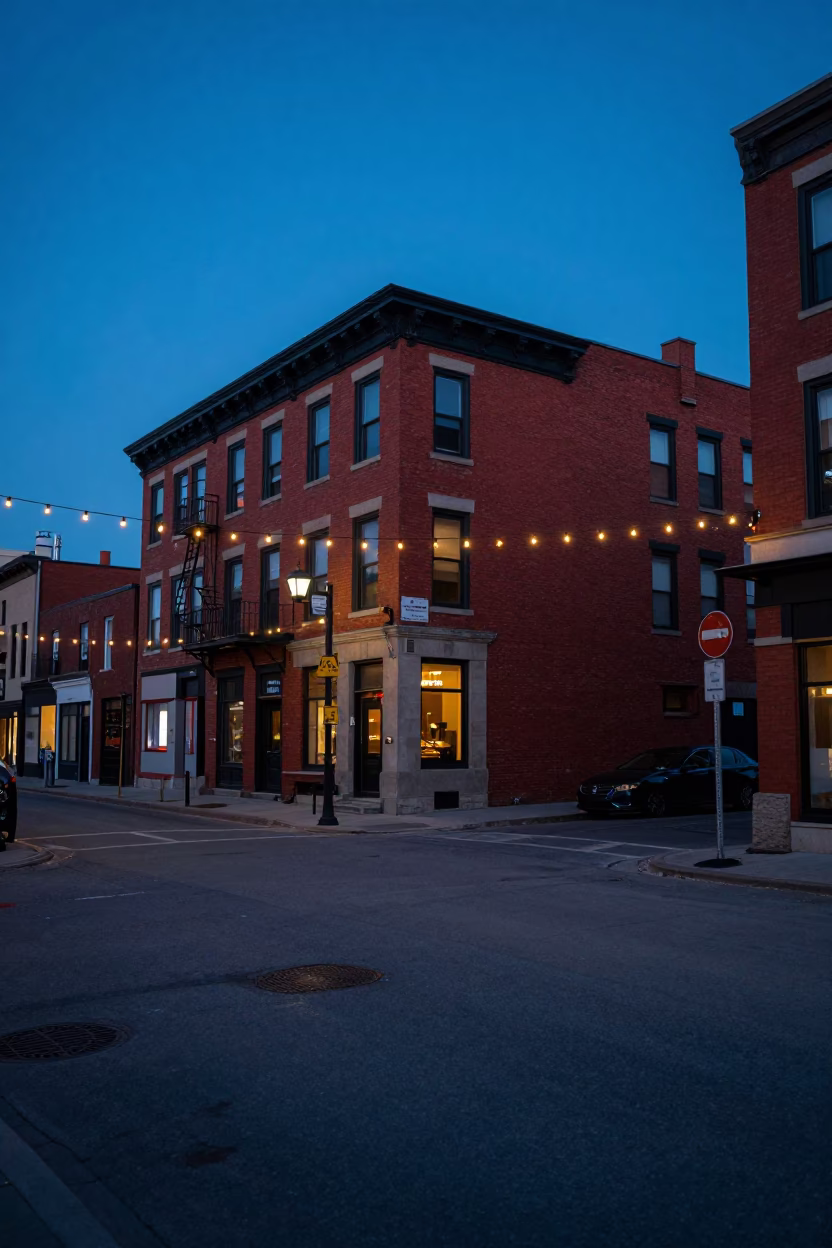 Toronto Downtown Dawn Street Scene with String Lights and Urban Morning Ambiance in in Toronto, Ontario, Canada