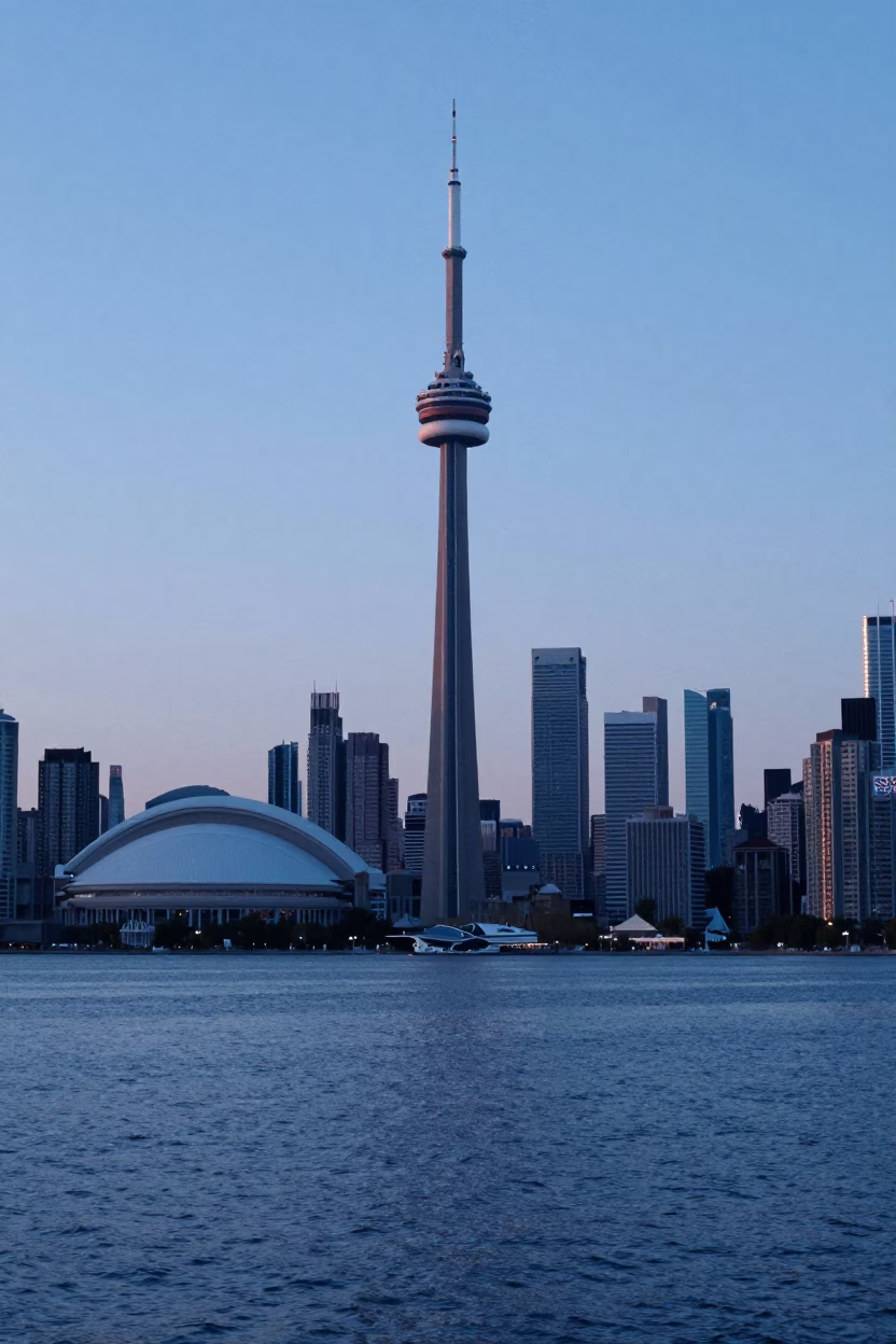 Toronto Downtown Skyline at Dawn with Lake Ontario and City Hall Reflections in in Toronto, Ontario, Canada