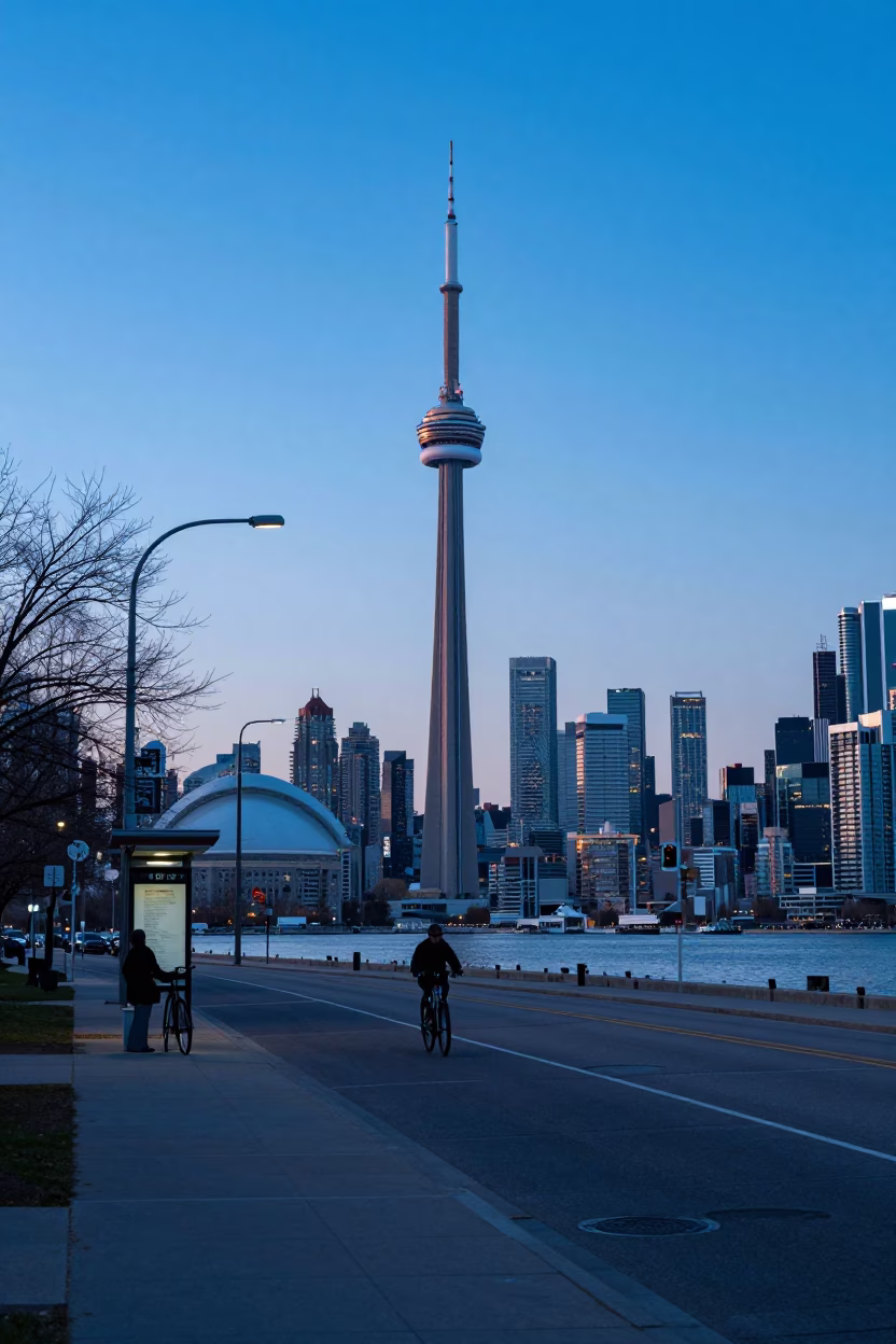 Toronto Downtown Skyline at Dawn with Street Level Urban Details and Morning Commuters in in Toronto, Ontario, Canada
