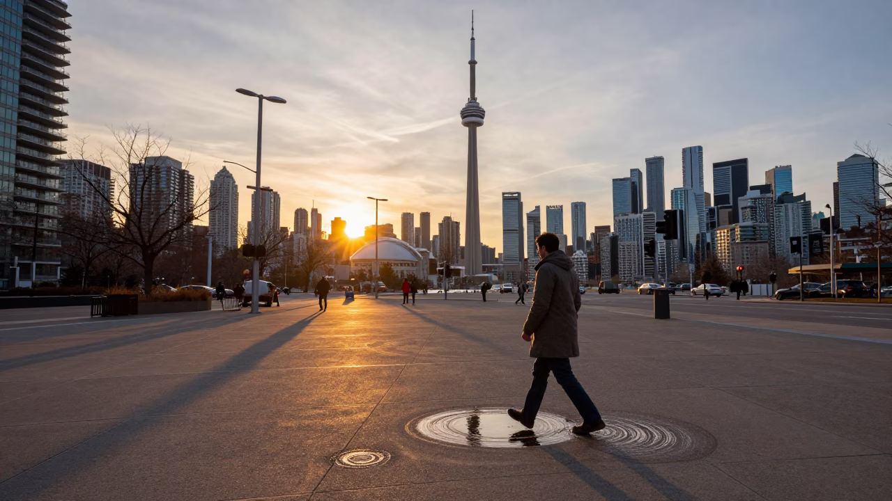 Toronto Downtown Skyline at Sunset with Urban Street Level Details and Commuter Life in in Toronto, Ontario, Canada