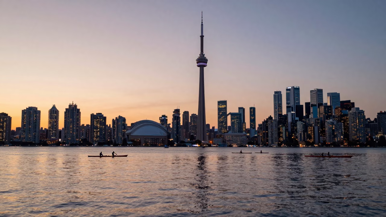 Toronto Downtown Skyline Sunset View from Harbourfront Park Near CN Tower in in Toronto, Ontario, Canada