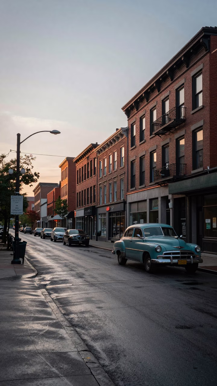 Toronto Downtown Street Scene at Dawn with Vintage 1950s Aesthetic and Urban Details in in Toronto, Ontario, Canada