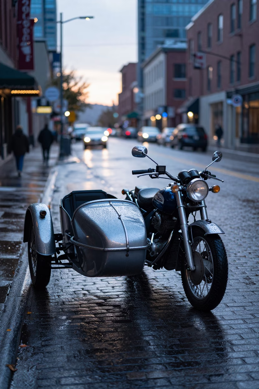 Toronto Downtown Street Scene at Dawn with Vintage Motorcycle and Glass Bottle in in Toronto, Ontario, Canada