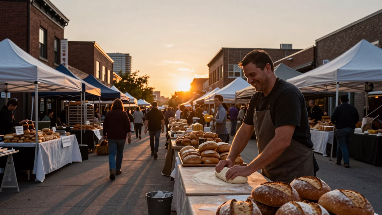 Toronto Dufferin Street Market Sunset with Fresh Bread and Newspaper Stacks in in Toronto, Ontario, Canada