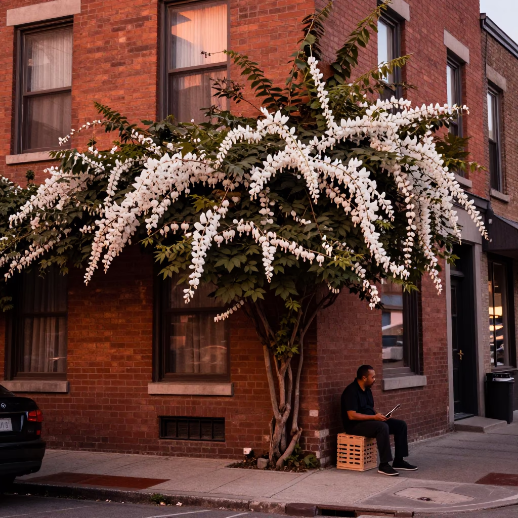 Toronto Dusk Street Scene with Bleeding Heart Vine and Bellows Repair in in Toronto, Ontario, Canada