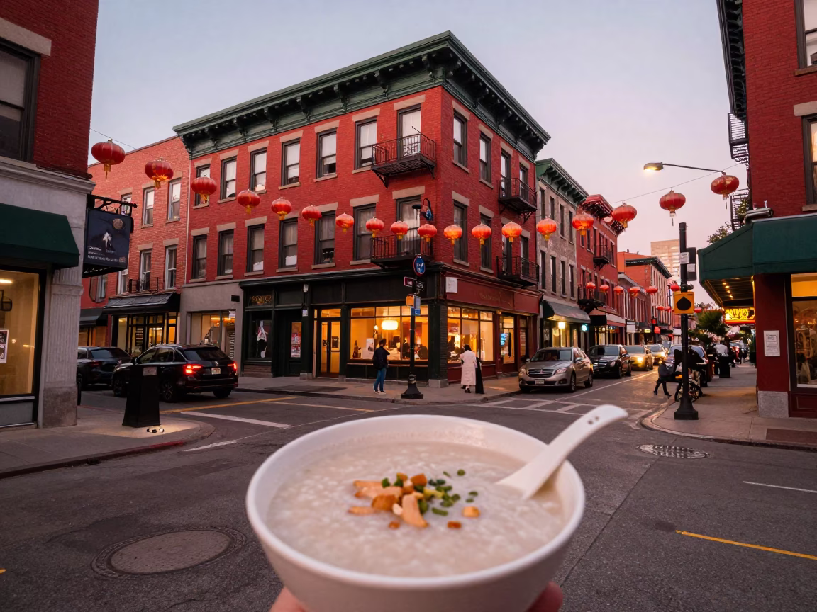 Toronto Dusk Street Scene with Bowl of Congee and Kitchen Utensil on Cafe Table in in Toronto, Ontario, Canada