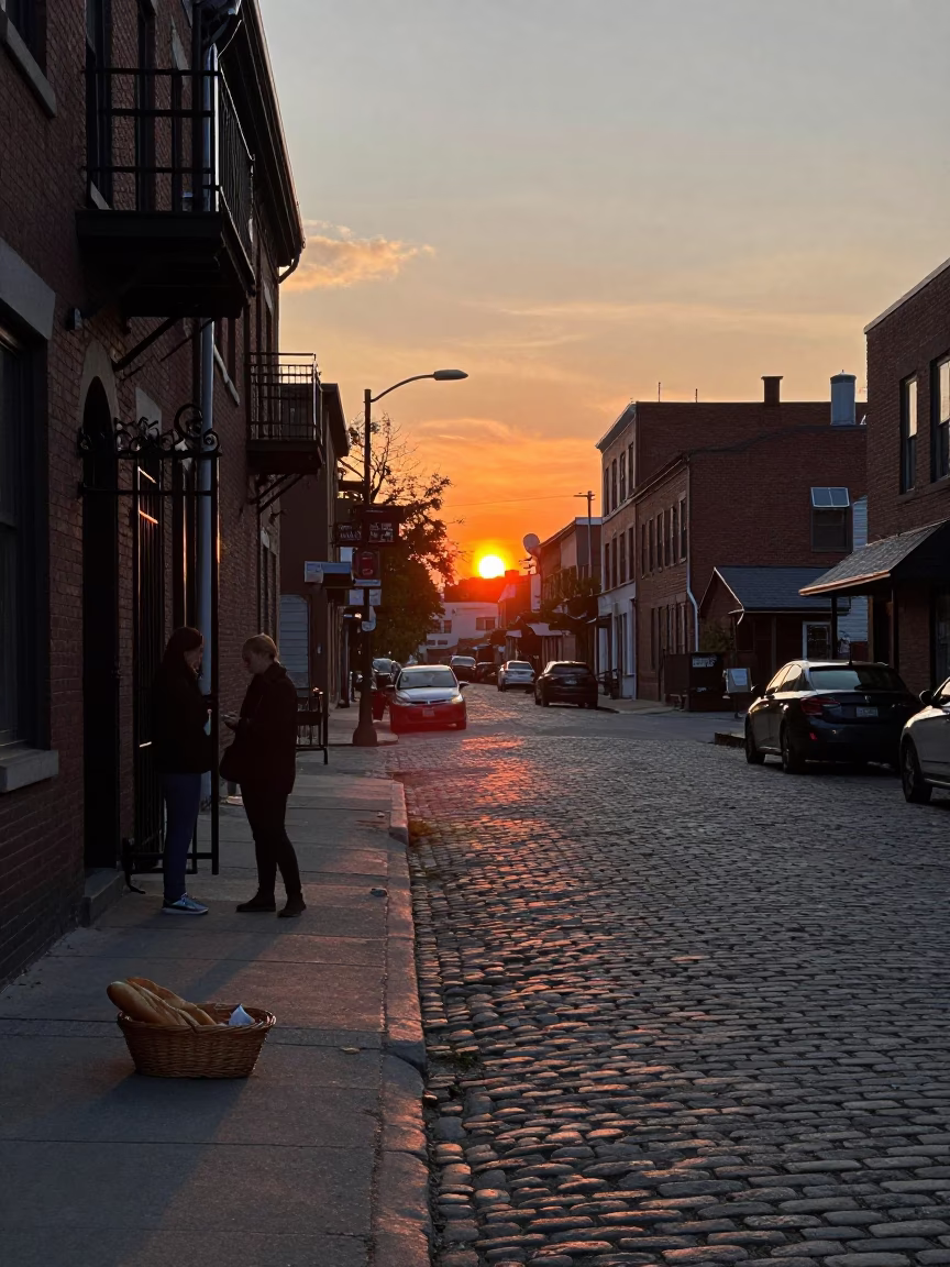 Toronto Dusk Street Scene with Bread Basket and Urban Architecture in in Toronto, Ontario, Canada