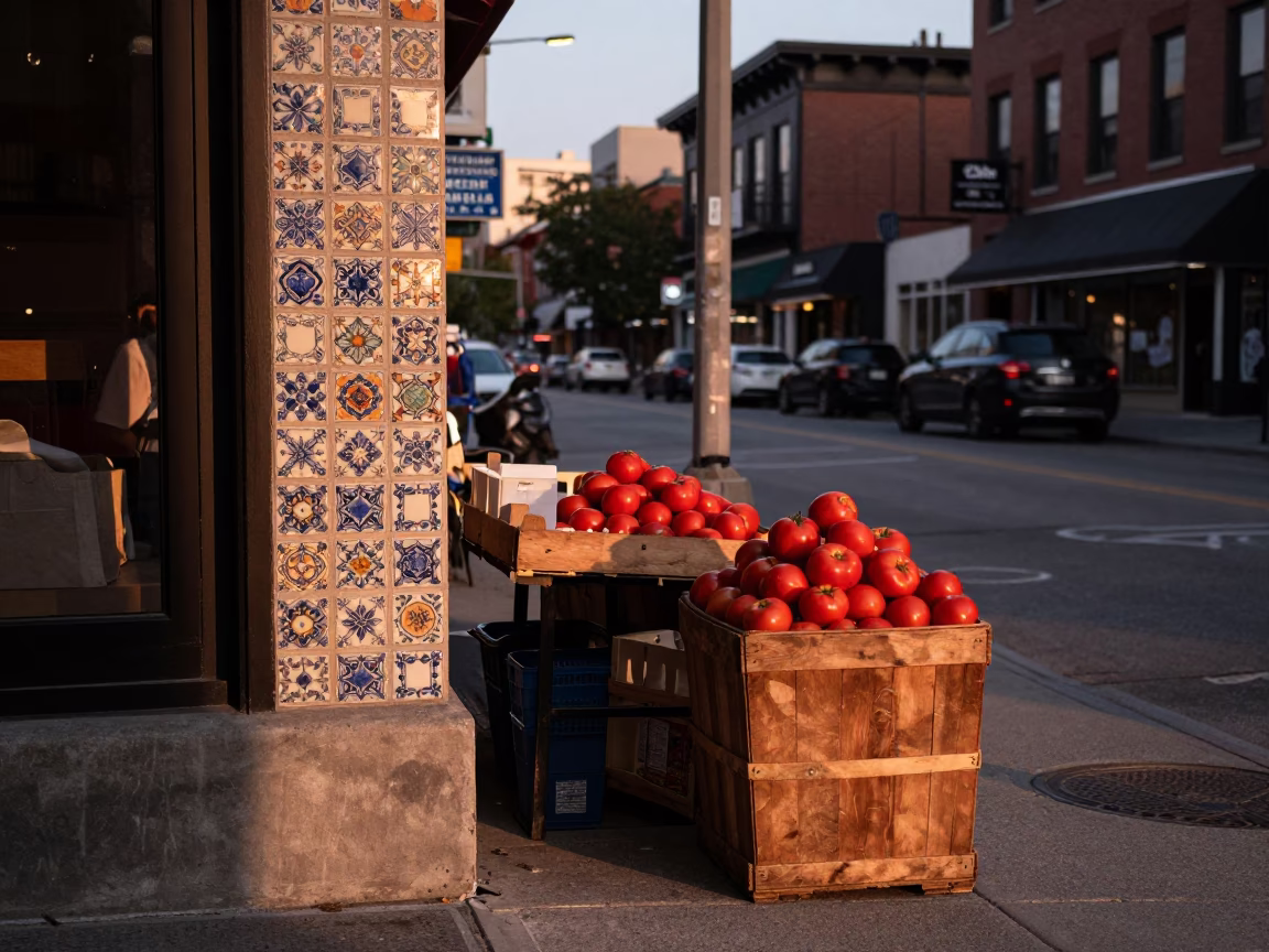 Toronto Dusk Street Scene with Ceramic Tiles and Tomatoes at Local Market in in Toronto, Ontario, Canada