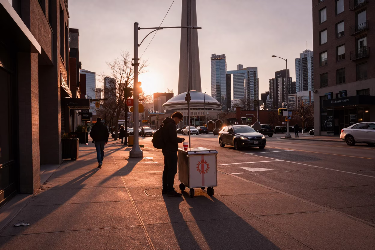 Toronto Dusk Street Scene with Cup and Sun Stripe Reflections in in Toronto, Ontario, Canada
