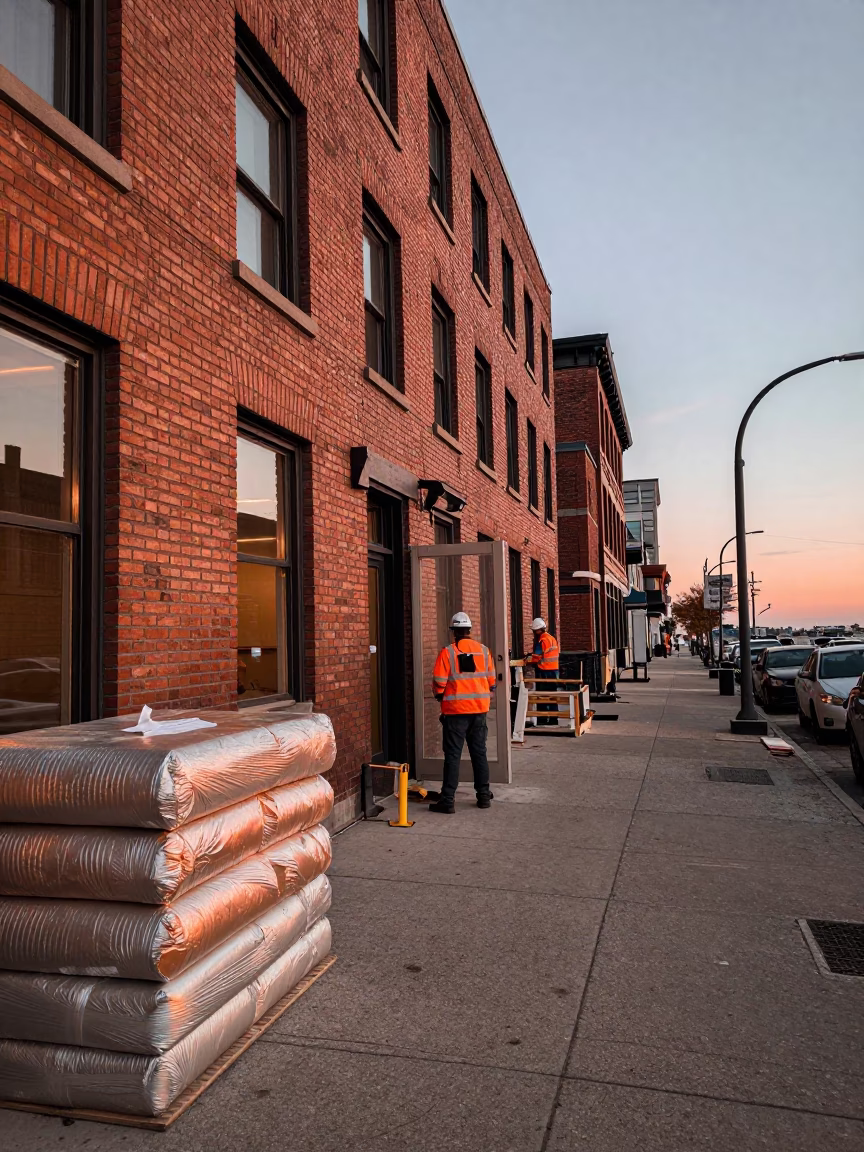Toronto Dusk Street Scene with Insulation Stack and Ceramic Cup in Copper Light in in Toronto, Ontario, Canada