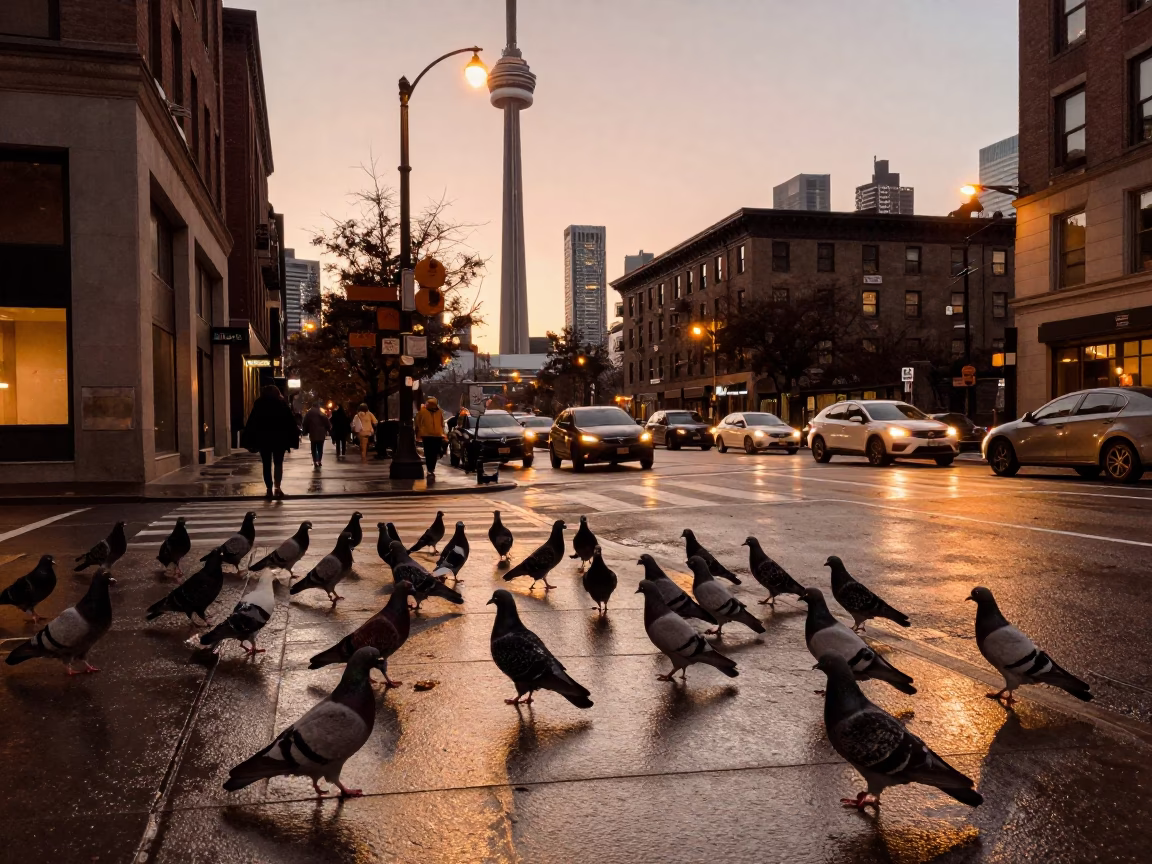 Toronto Dusk Street Scene with Pigeons and Urban Architecture in in Toronto, Ontario, Canada