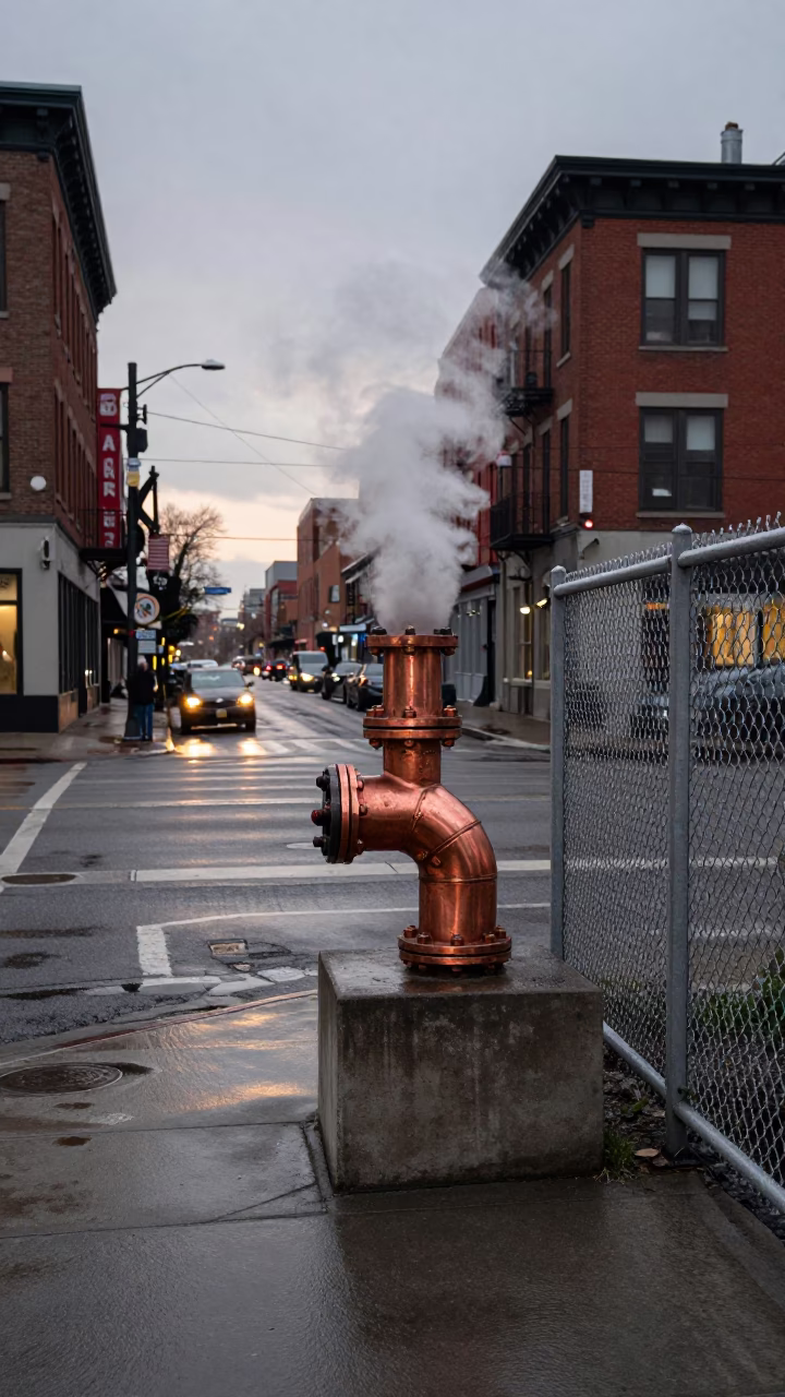 Toronto Dusk Street Scene with Steaming District Heating Pipes and Urban Infrastructure in in Toronto, Ontario, Canada