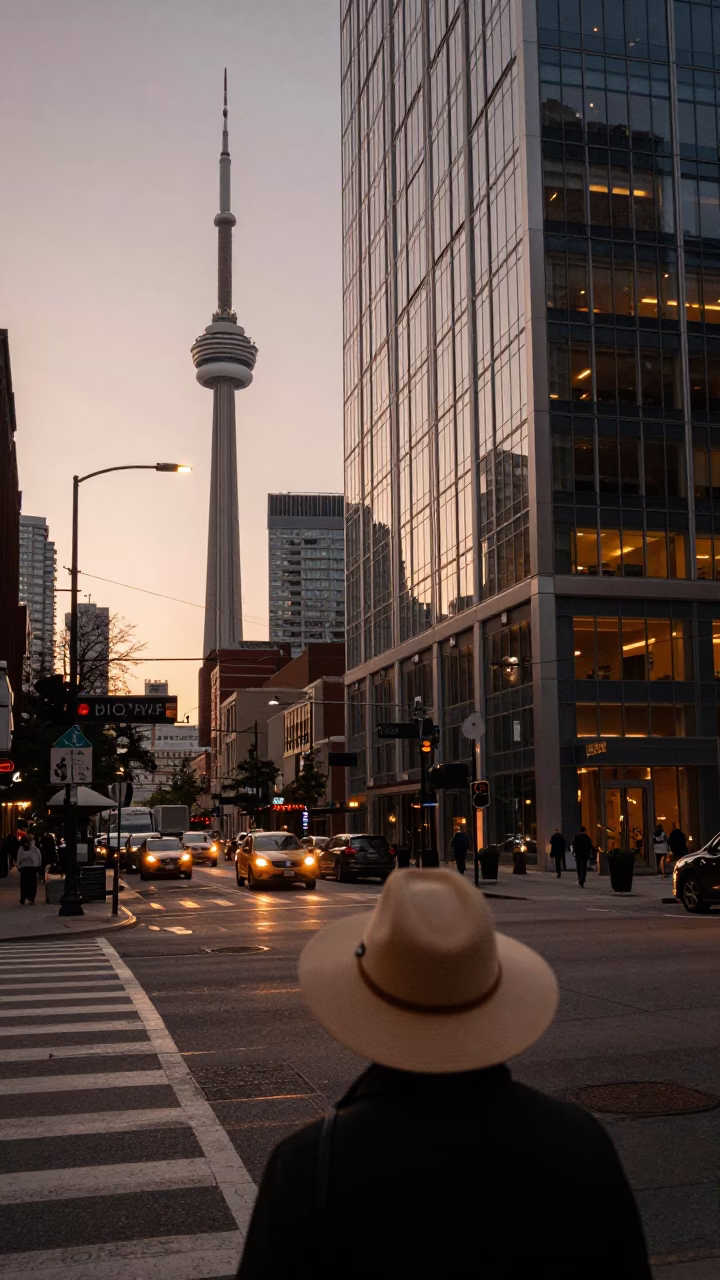 Toronto Dusk Street Scene with Sun Hat and Urban Details in in Toronto, Ontario, Canada