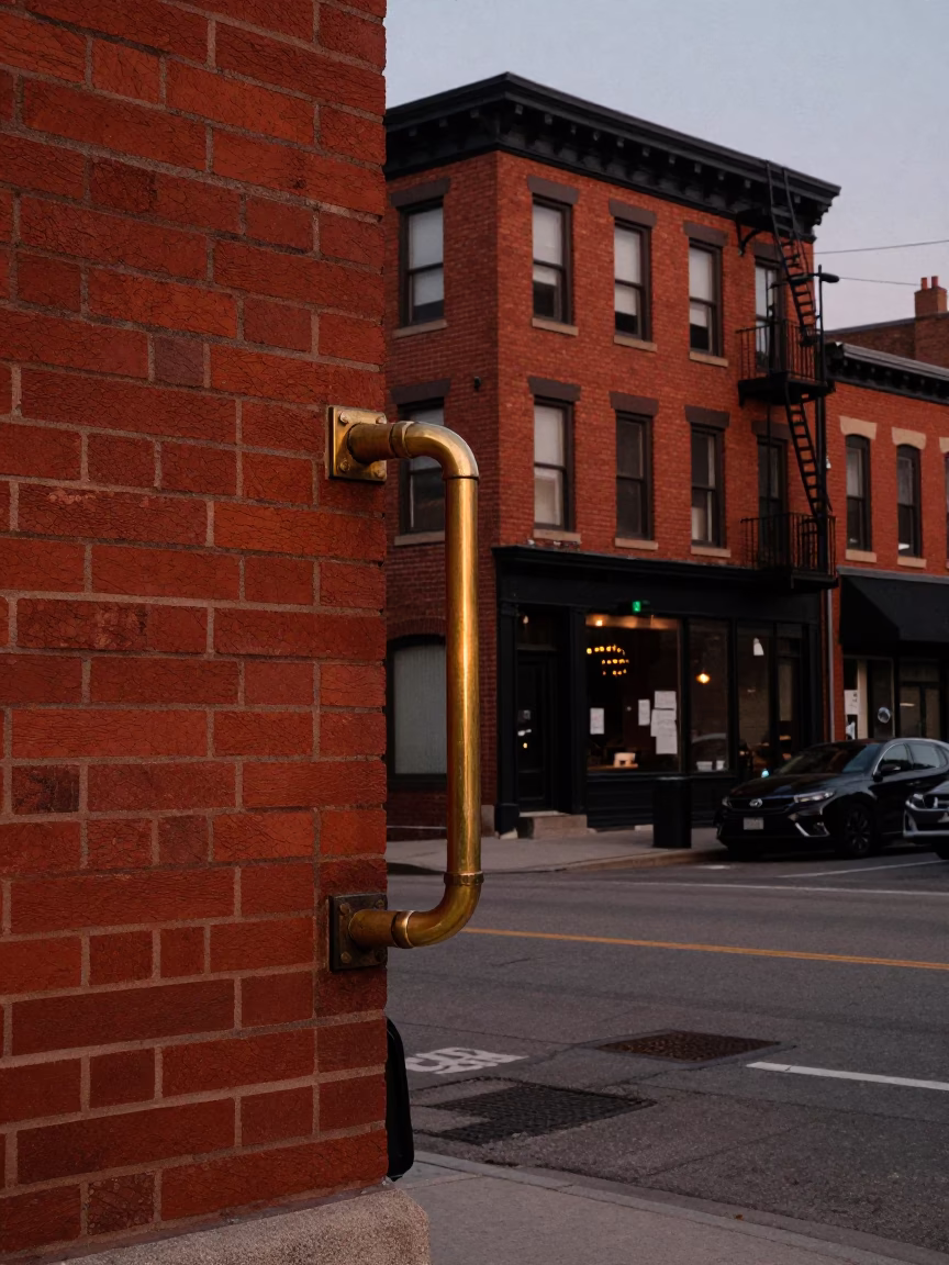 Toronto Dusk Street Scene with Vintage Brass Handle and Preschool Window Art in in Toronto, Ontario, Canada