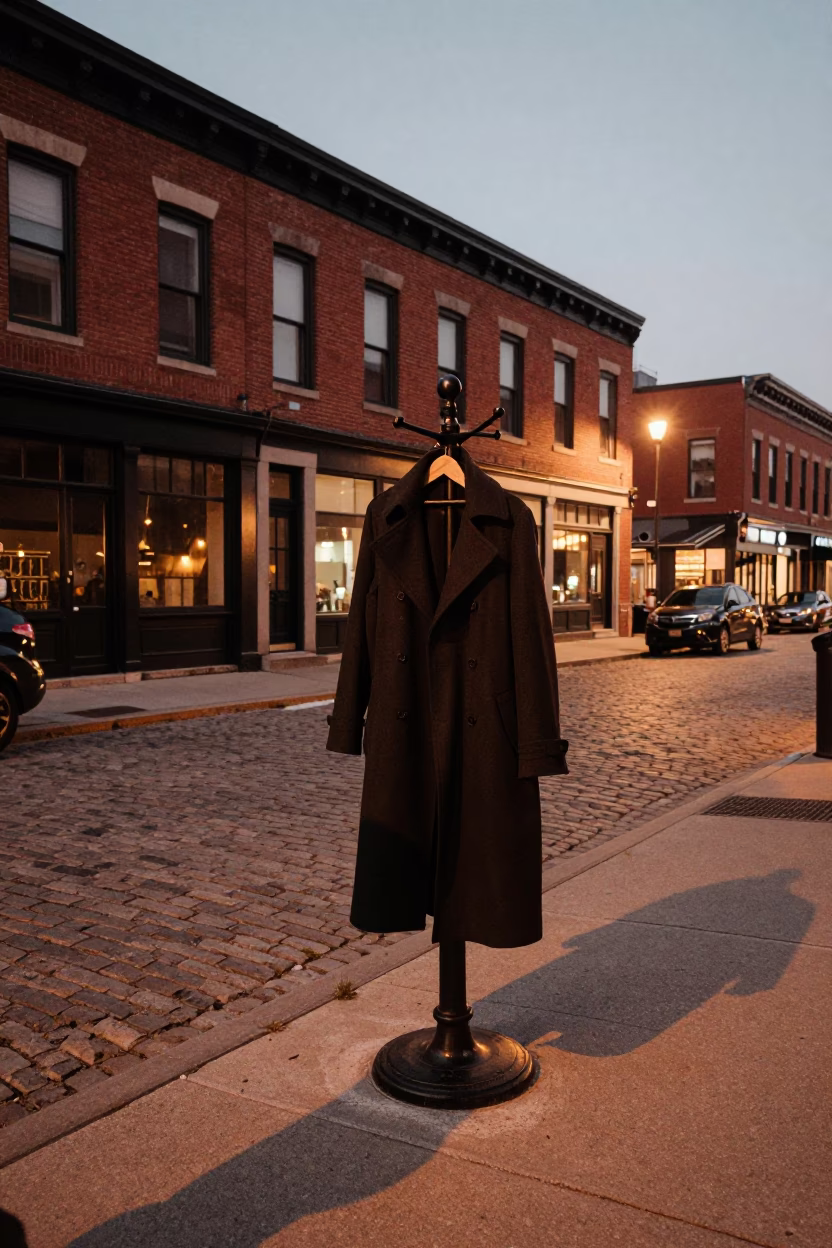 Toronto Dusk Street Scene with Vintage Coat Rack and Glass Display Shelf in in Toronto, Ontario, Canada