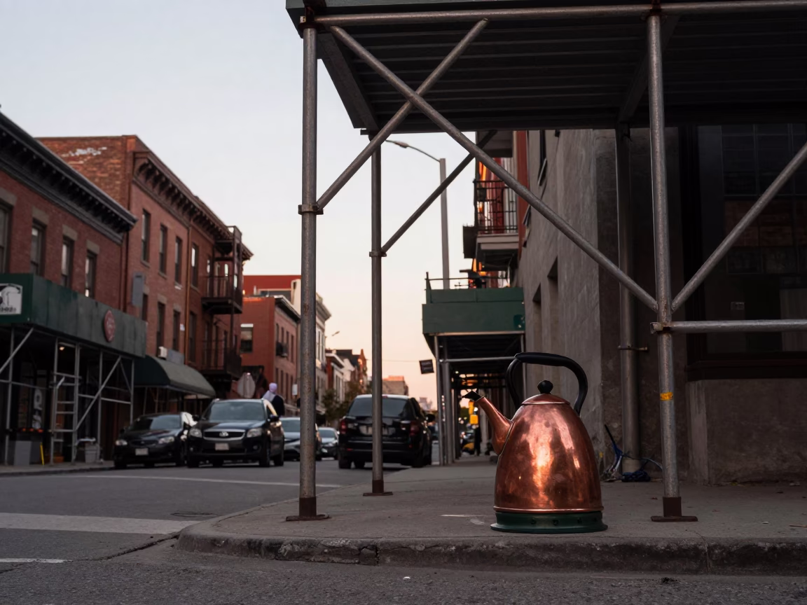 Toronto Dusk Street Scene with Vintage Electric Kettle and Geometric Scaffold Joints in in Toronto, Ontario, Canada