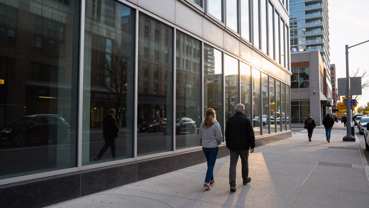Toronto Early Afternoon Street Scene with Glass Wall and Urban Details in in Toronto, Ontario, Canada