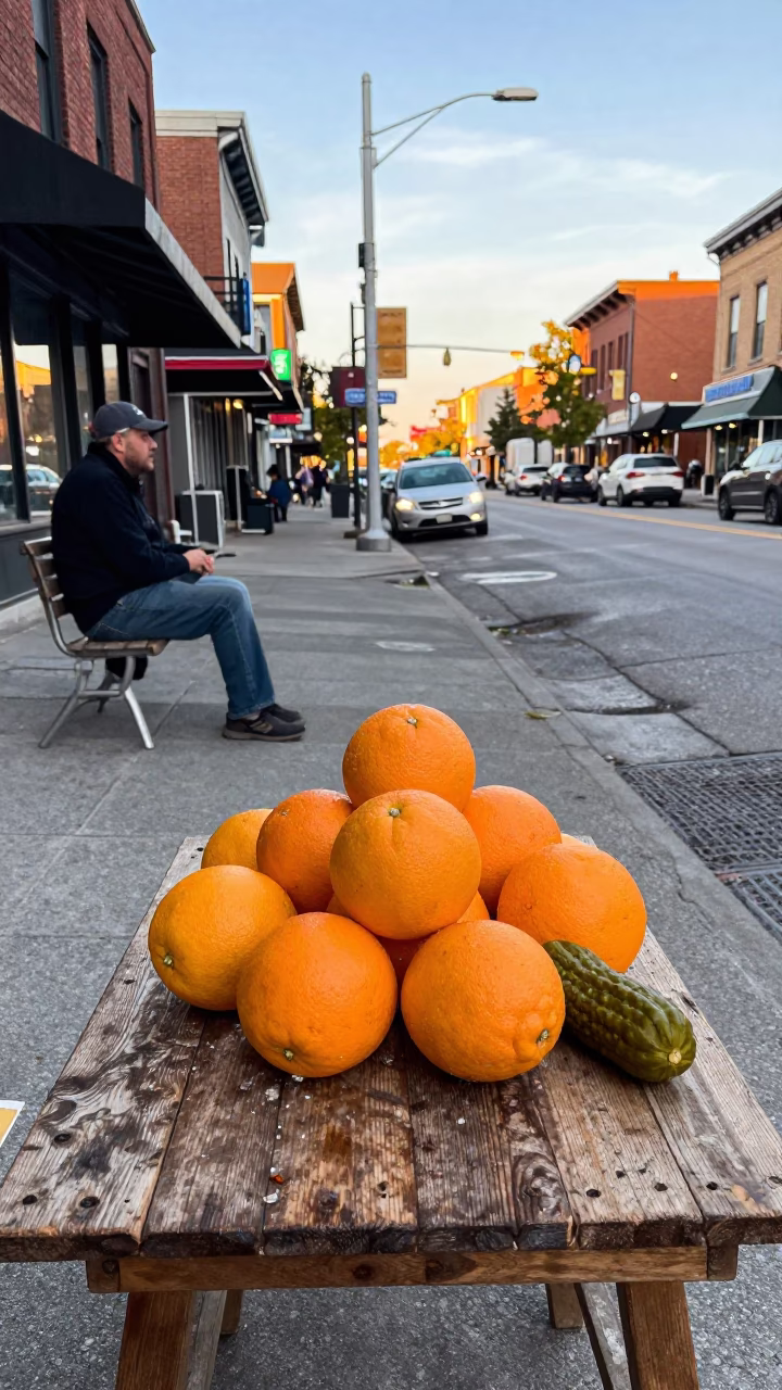 Toronto Early Afternoon Street Scene with Oranges and Pickle Jar in in Toronto, Ontario, Canada