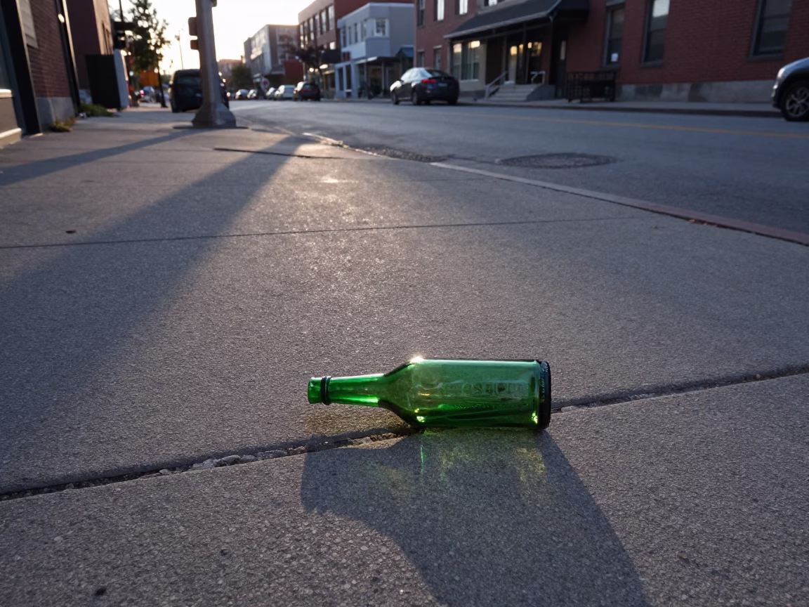 Toronto Early Evening Street Scene with Colored Glass Bottle and Window Light Reflections in in Toronto, Ontario, Canada