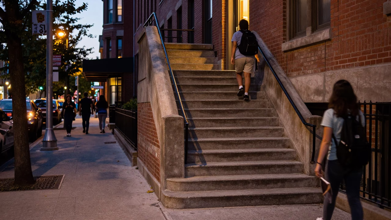 Toronto Early Evening Street Scene with School Staircase and Urban Life in in Toronto, Ontario, Canada