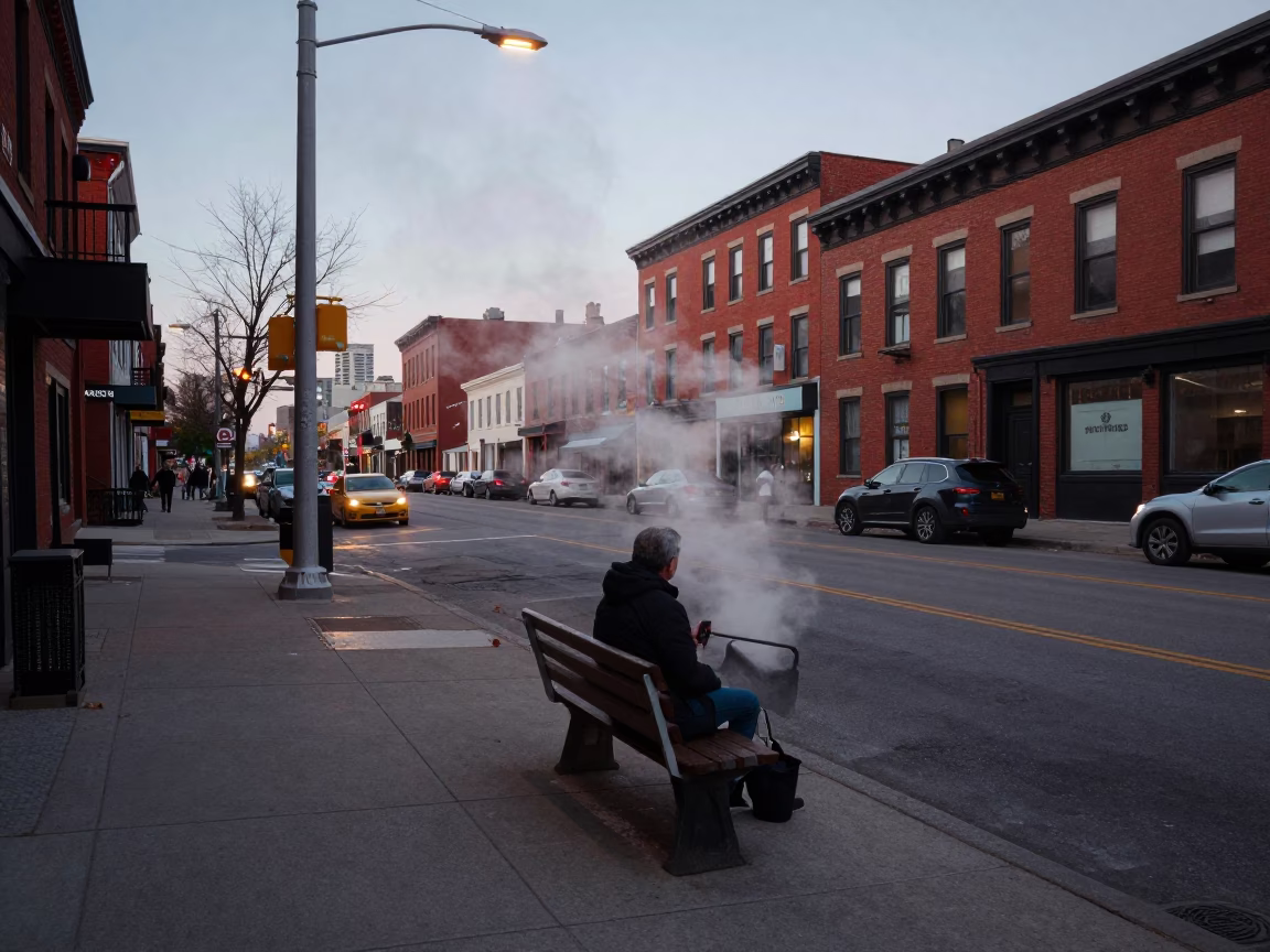Toronto Early Evening Street Scene with Steam Rising from Coffee Cup and Folding Chair in in Toronto, Ontario, Canada