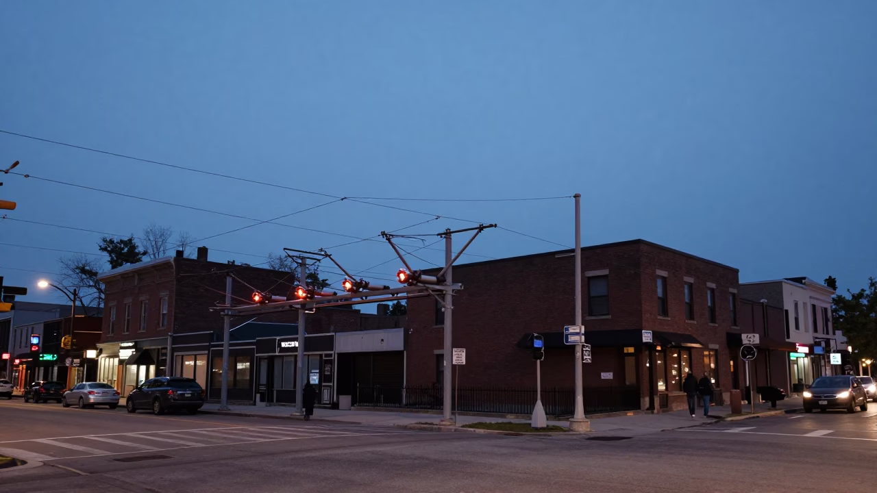 Toronto Early Evening Street Scene with Substation Busbars Glowing Under Ice-Blue Twilight in in Toronto, Ontario, Canada