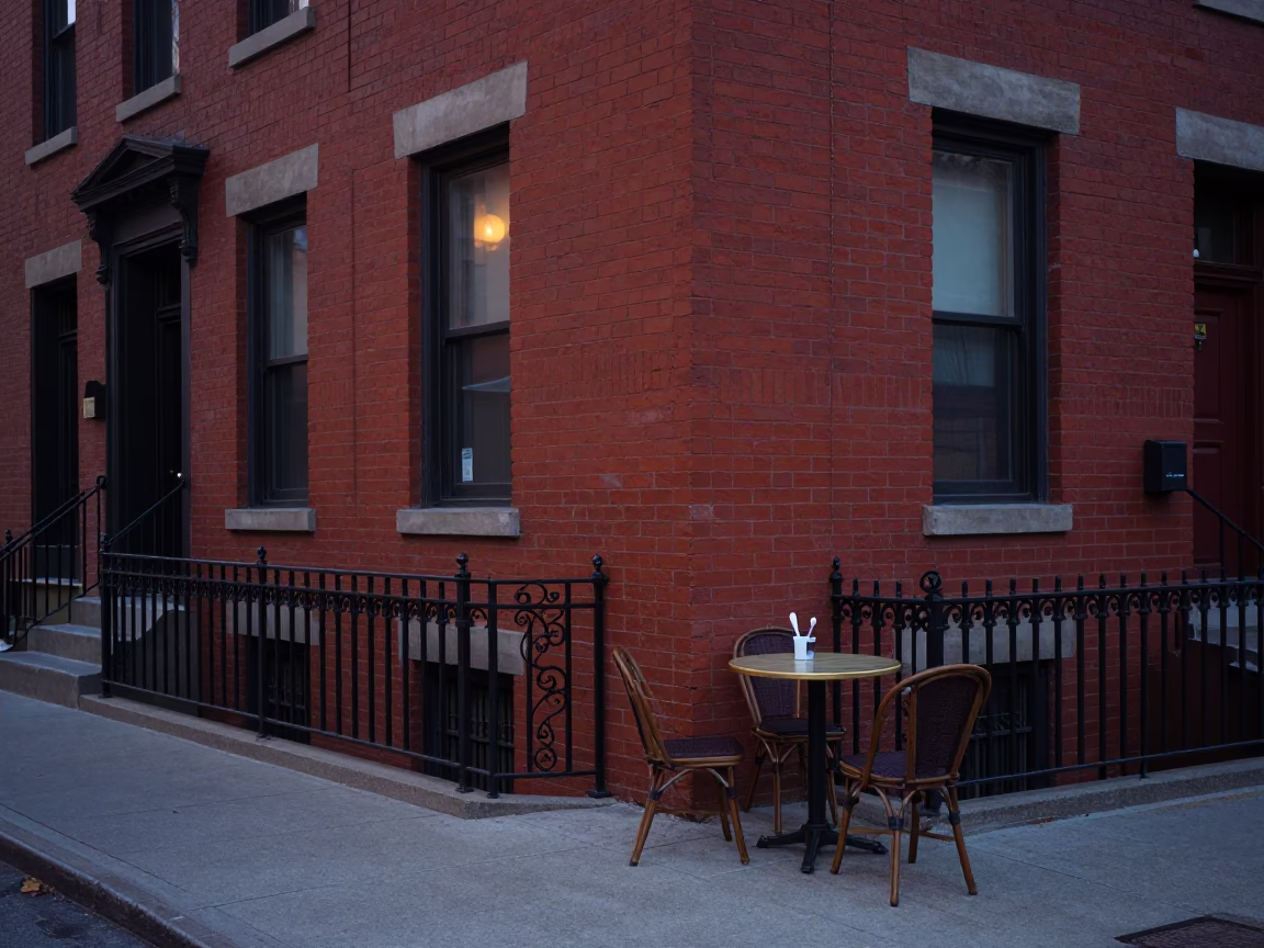 Toronto Early Evening Street Scene with Vintage Cutlery on Cafe Table in in Toronto, Ontario, Canada