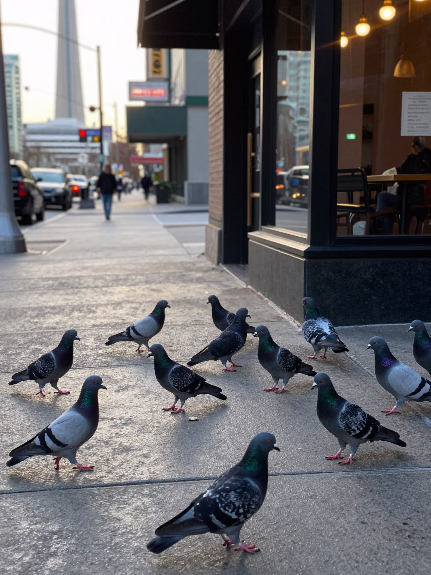Toronto Early Morning Pigeons on Sidewalk Near CN Tower and Urban Street Life in in Toronto, Ontario, Canada
