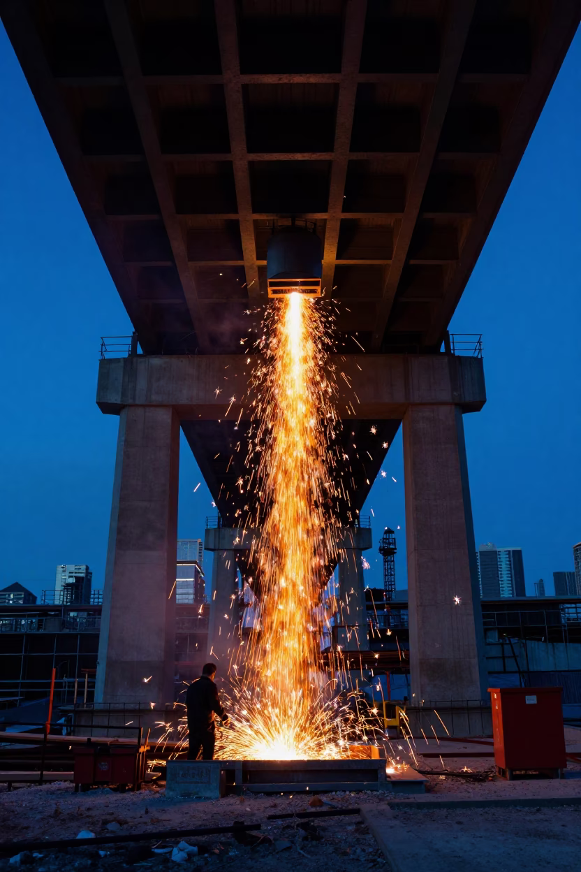 Toronto Evening Blue Hour Construction Sparks Under Bridge with Copper Beech Tree in in Toronto, Ontario, Canada