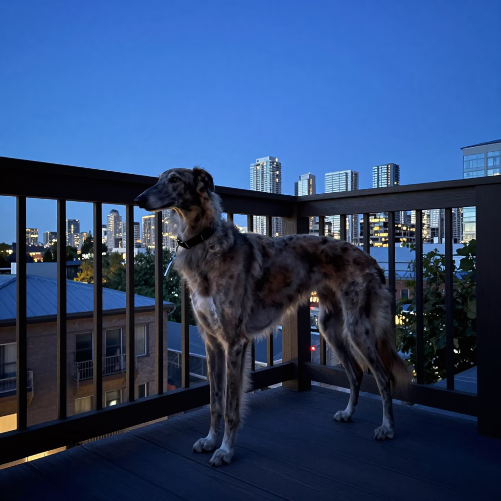 Toronto Evening Blue Hour Saluki Dog on Balcony with City Skyline View in in Toronto, Ontario, Canada