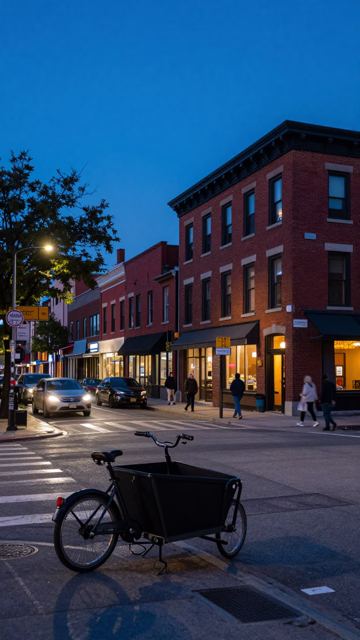 Toronto Evening Blue Hour Street Scene with Cargo Bicycle and Floral Market Stall in in Toronto, Ontario, Canada