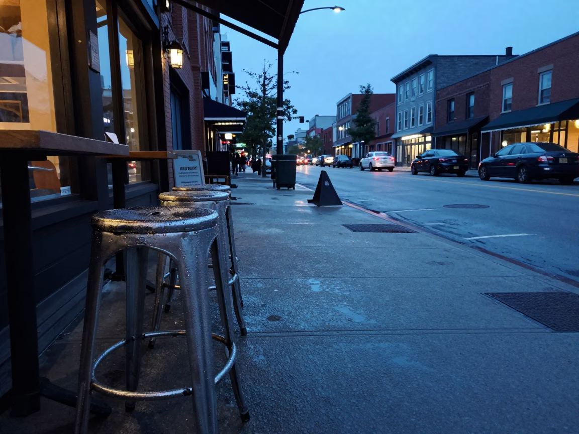 Toronto Evening Blue Hour Street Scene with Condensation on Stool and Deadbolt Detail in in Toronto, Ontario, Canada