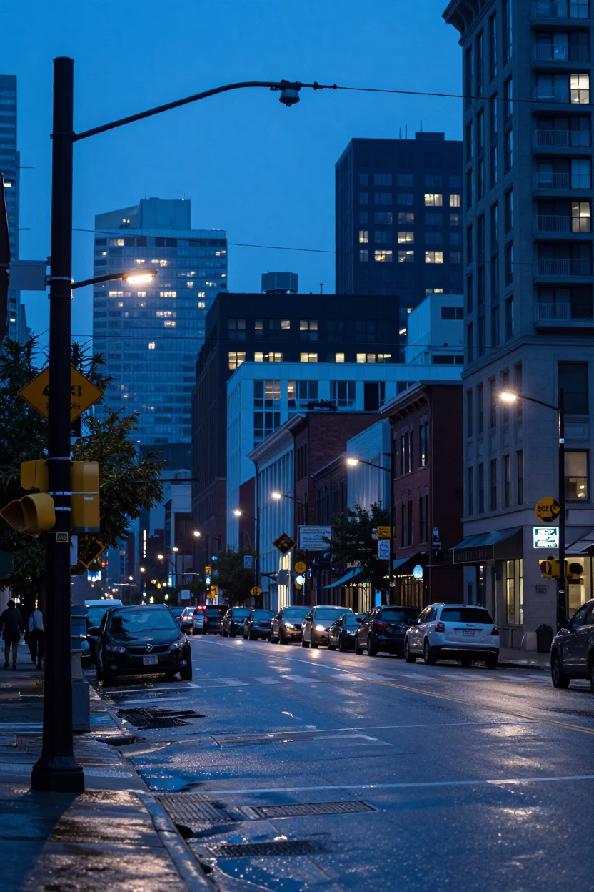Toronto Evening Blue Hour Street Scene with Condensation on Window Frame and Local Details in in Toronto, Ontario, Canada