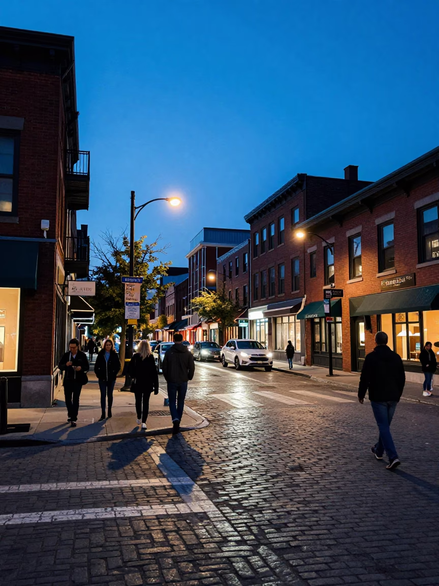Toronto Evening Blue Hour Street Scene with Local Pedestrians and Urban Infrastructure in in Toronto, Ontario, Canada