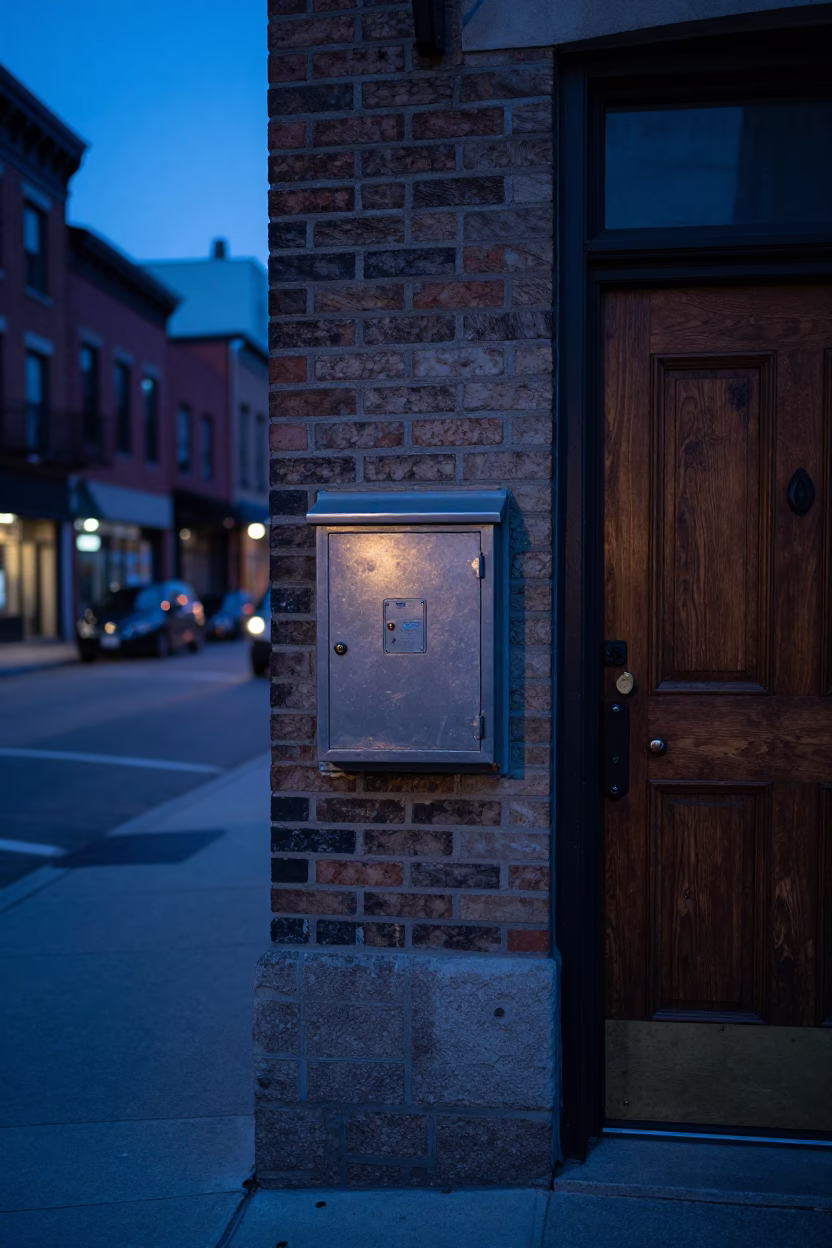 Toronto Evening Blue Hour Street Scene with Lockbox and Urban Details in in Toronto, Ontario, Canada
