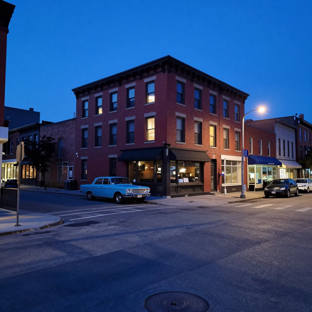 Toronto Evening Blue Hour Street Scene with Vintage 1960s Aesthetic and Urban Details in in Toronto, Ontario, Canada