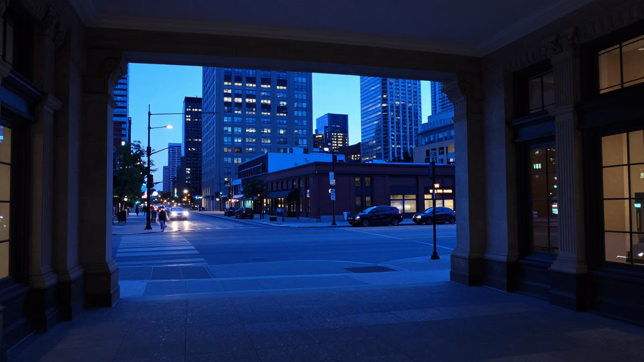 Toronto Evening Blue Hour Street Scene with Vintage Bakelite Telephone on Hotel Reception Desk in in Toronto, Ontario, Canada