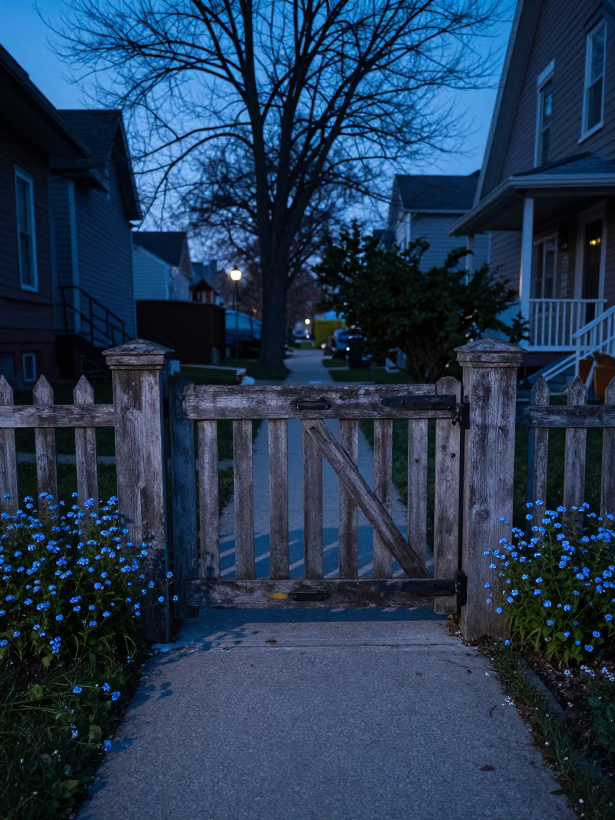 Toronto Evening Blue Hour with Forgotten Forget-Me-Nots and Garden Gate in in Toronto, Ontario, Canada