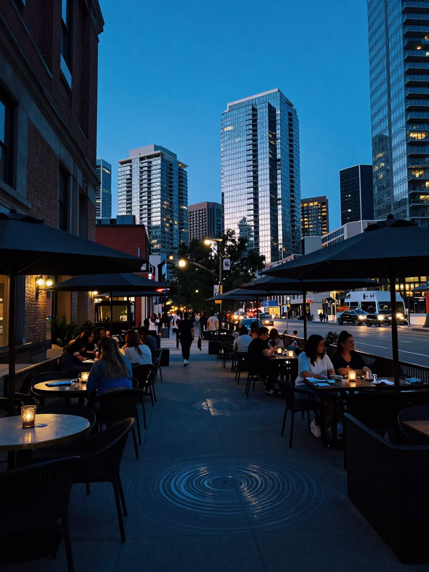 Toronto Evening Blue Light Street Scene with Water Rings on Tabletop in in Toronto, Ontario, Canada