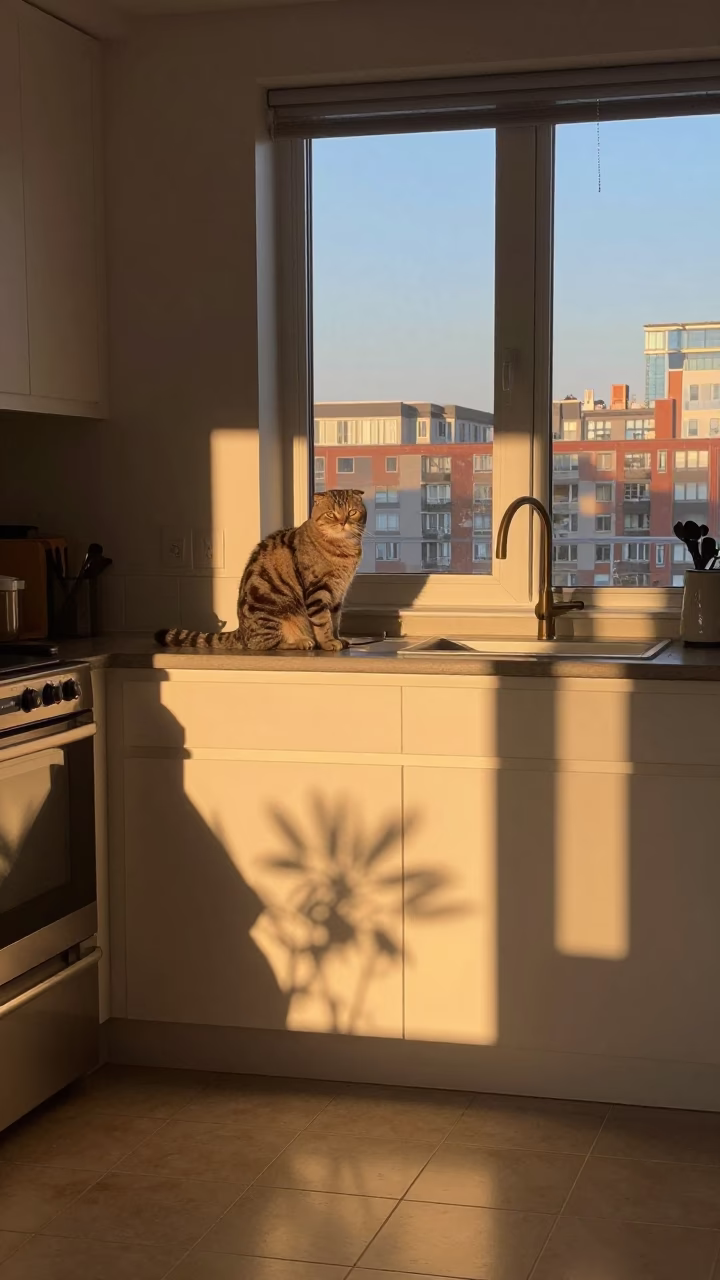 Toronto Evening Light on Kitchen Counter with Cat and Plants in in Toronto, Ontario, Canada