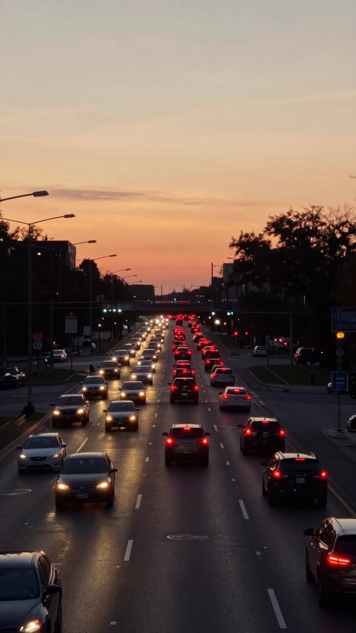 Toronto Evening Rush Hour Overpass Interchange Glowing with Red Taillights After Rain in in Toronto, Ontario, Canada