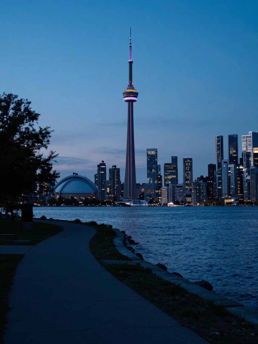 Toronto Evening Skyline and Lakefront Promenade Under Last Blue Light in in Toronto, Ontario, Canada