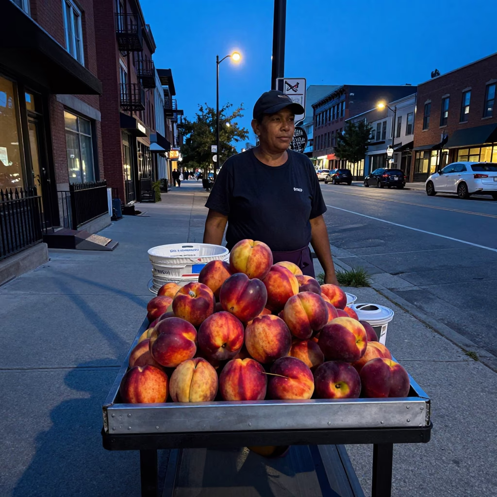 Toronto Evening Street Food Vendor Selling Nectarines and Wooden Utensils Under Streetlights in in Toronto, Ontario, Canada