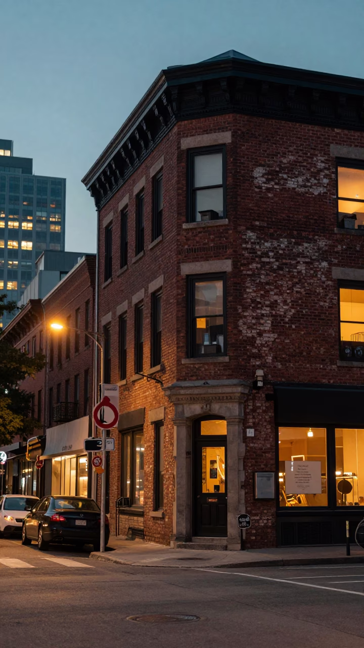 Toronto Evening Street Scene with Brick Architecture and Urban Details in in Toronto, Ontario, Canada